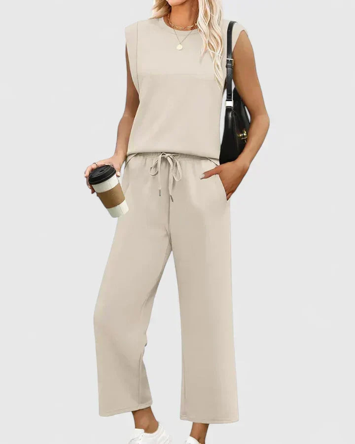 Sleeveless Top and Drawstring Wide Leg Pants Two Piece Set