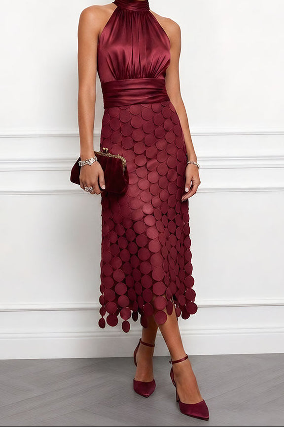 Halter Neck Ruched Laser Cut Disc Satin Midi Dress