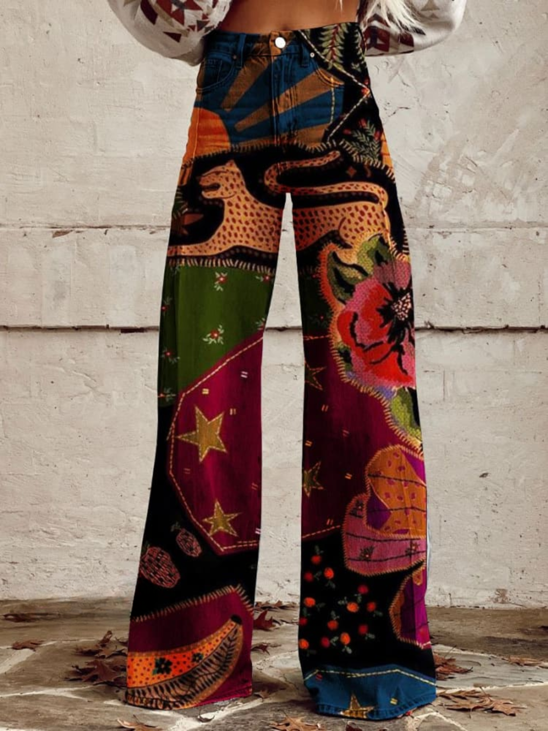 Patchwork Print High Waist Wide Leg Pants