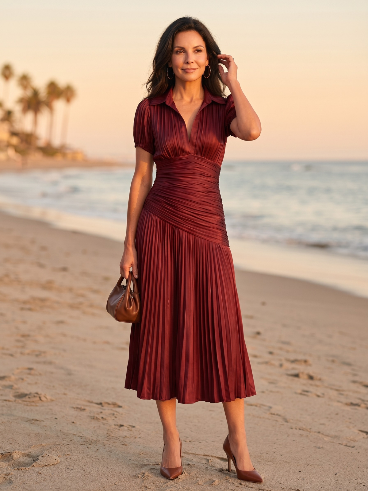 Collared Short Sleeve Pleated Ruched Midi Dress