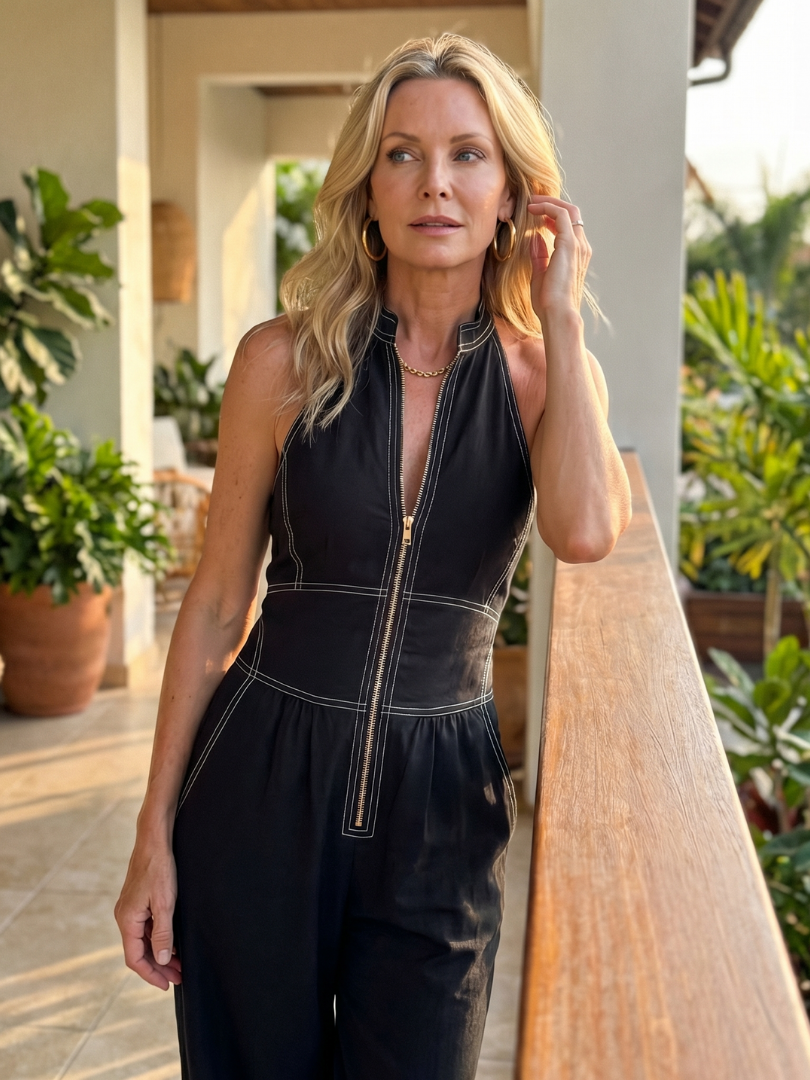 Zip Front Contrast Stitch Sleeveless Wide Leg Jumpsuit