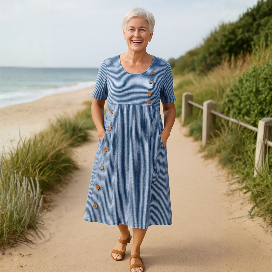 Striped Round Neck Short Sleeve Button Detail Midi Dress