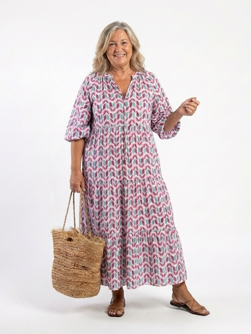 Geometric Print V-Neck Long Sleeve Tiered Maxi Dress