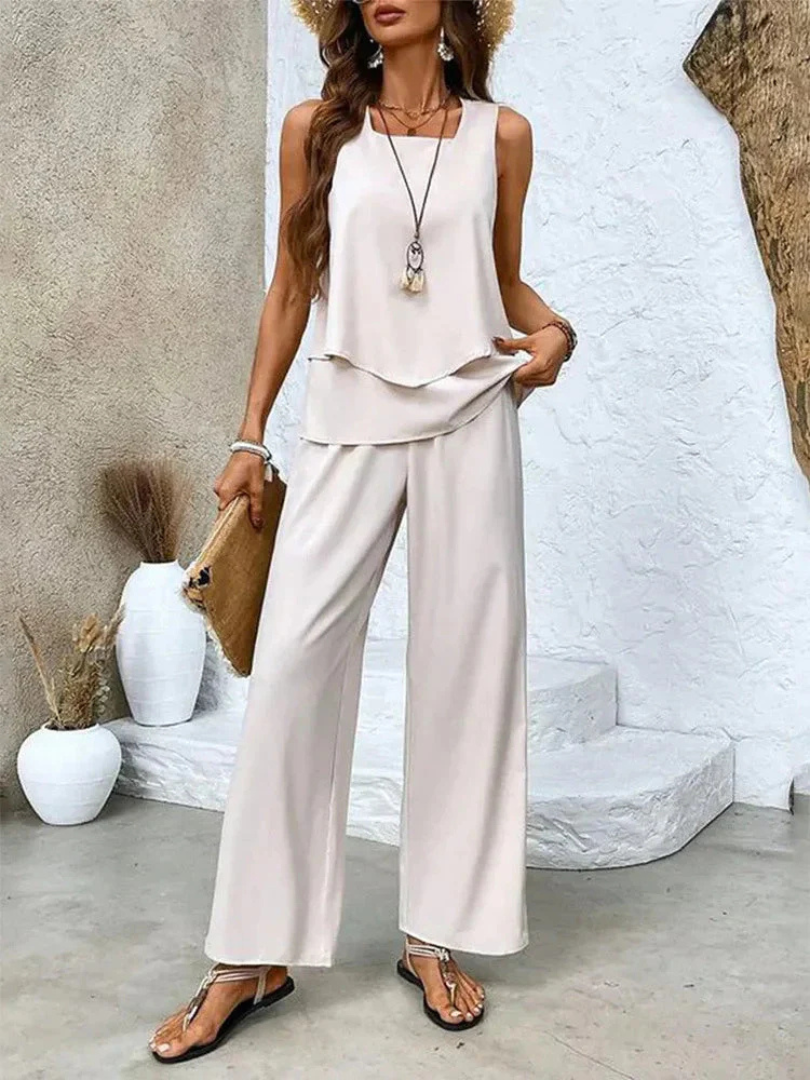 Sleeveless Layered Top and Floral Wide Leg Pants Two Piece Set