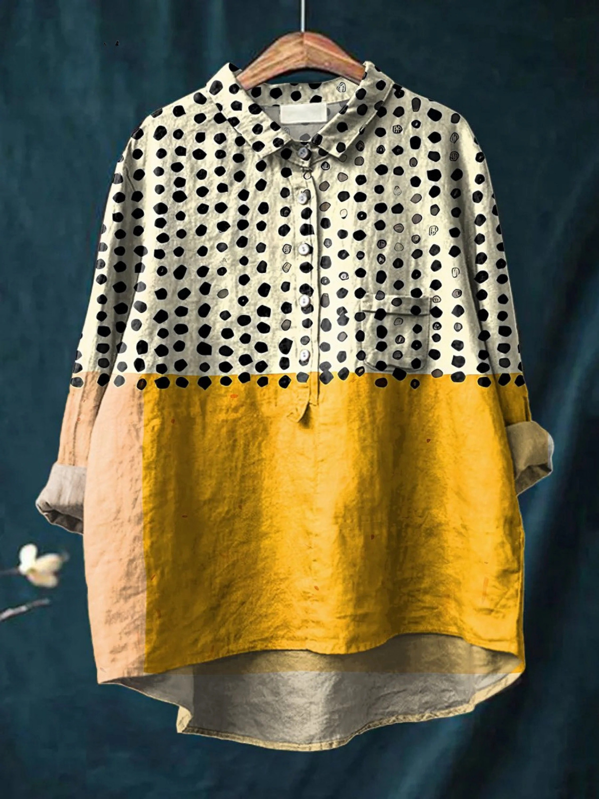 Spotted Print Colorblock Long Sleeve Button High Low Shirt