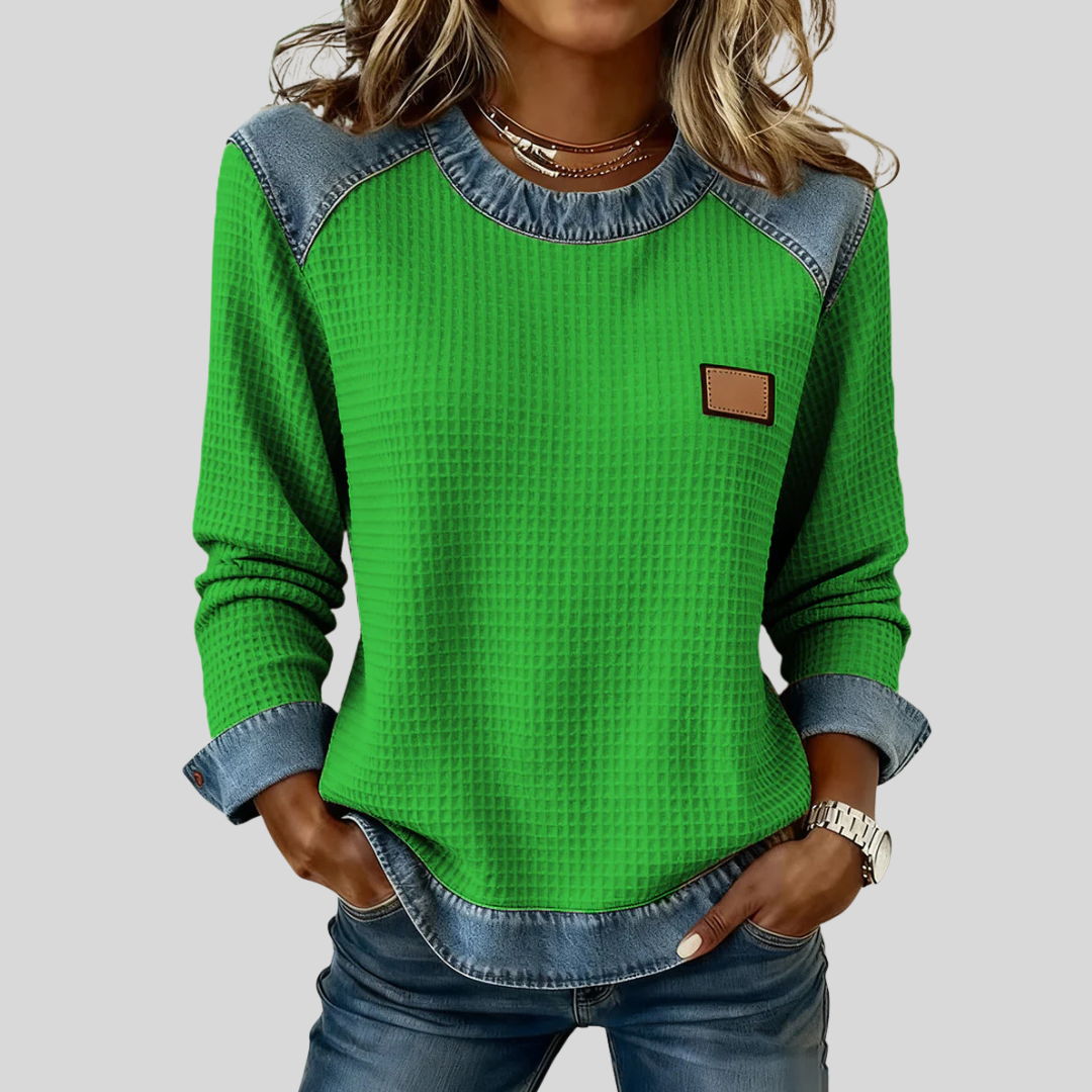 Denim Contrast Patchwork Crew Neck Waffle Knit Sweatshirt
