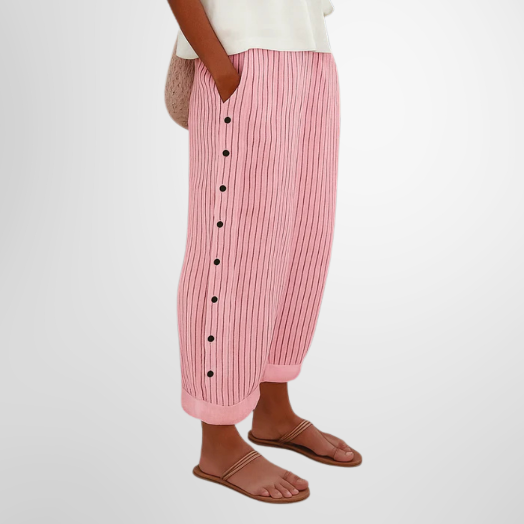Striped Side Button Wide Leg Pants