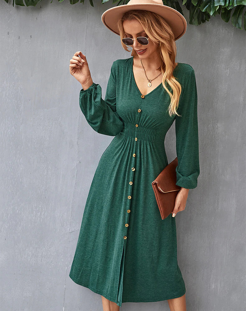 V-Neck Long Sleeve Button Front Smocked Waist A-Line Midi Dress 2