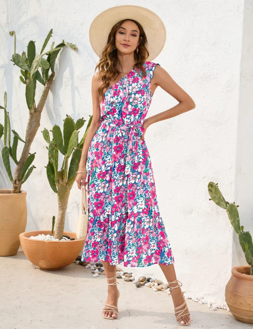 Floral Print One Shoulder Ruffle Belted Tiered Midi Dress 4