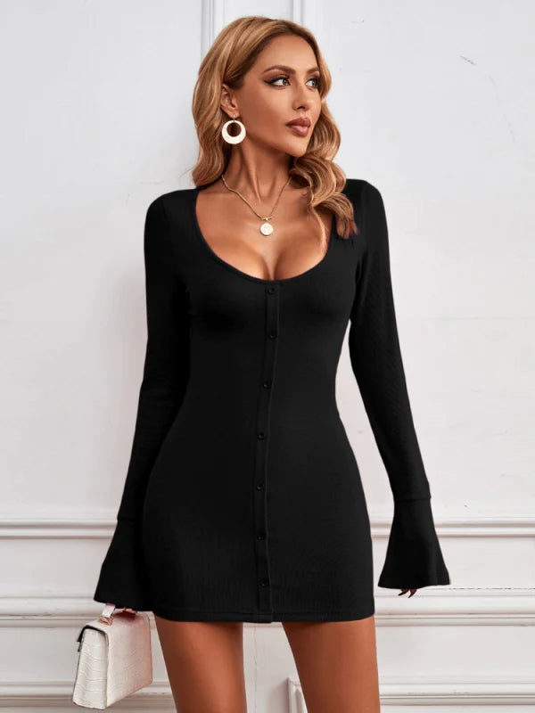 Single-Breasted Knitted Long-Sleeved Dress M / Burgundy