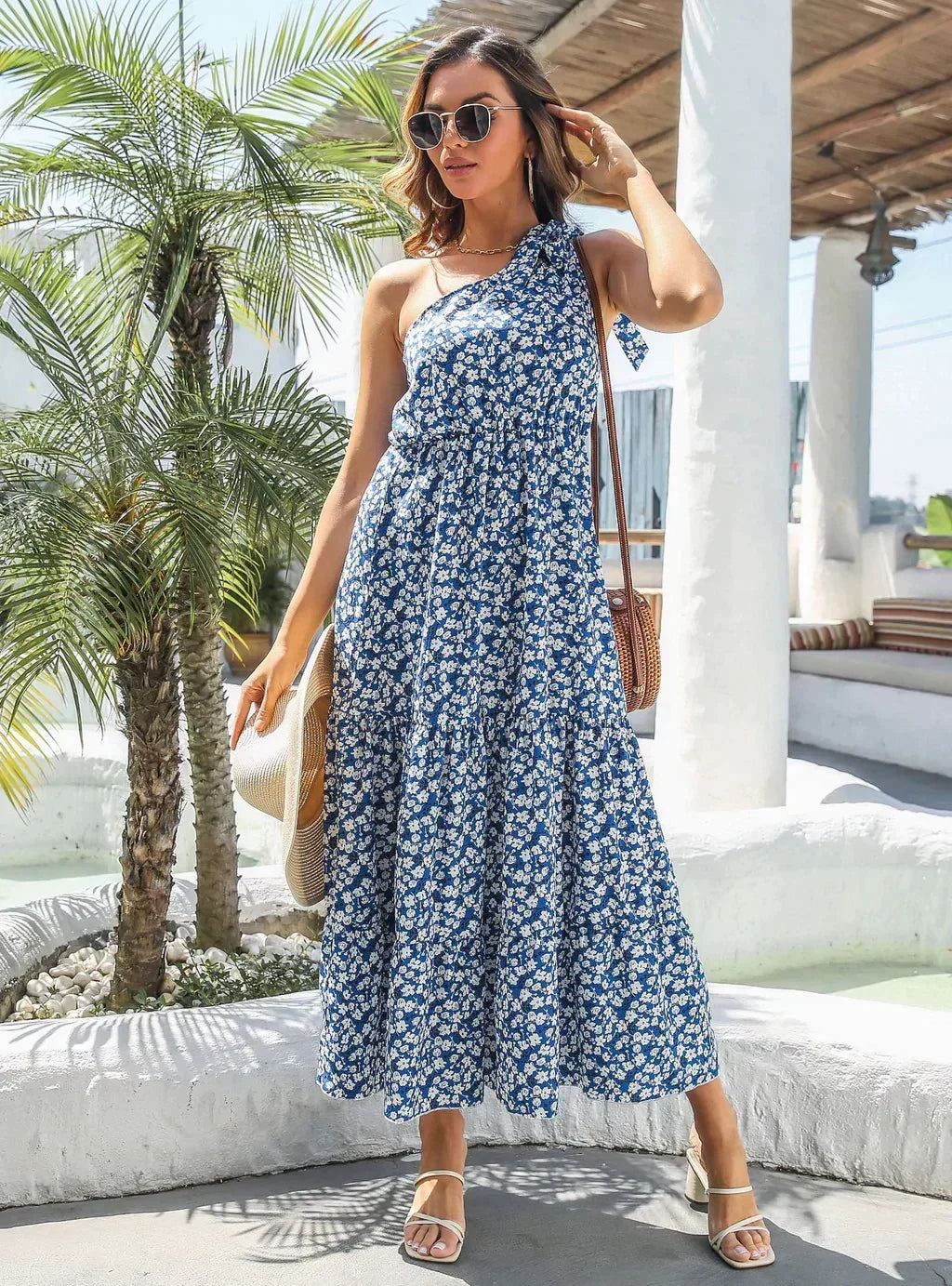Ditsy Floral One Shoulder Sleeveless Tiered Ruffle Hem Midi Dress 5