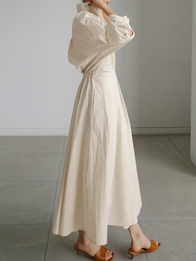 Collared Long Sleeve Pleated Waist A-Line Maxi Shirt Dress