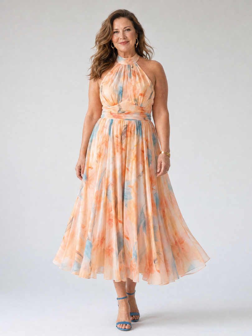 Watercolor Floral Halter Neck Pleated Midi Dress
