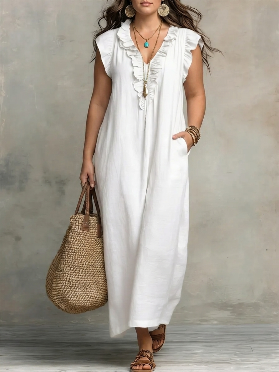 Ruffle V-Neck Sleeveless Pocket Linen Maxi Dress