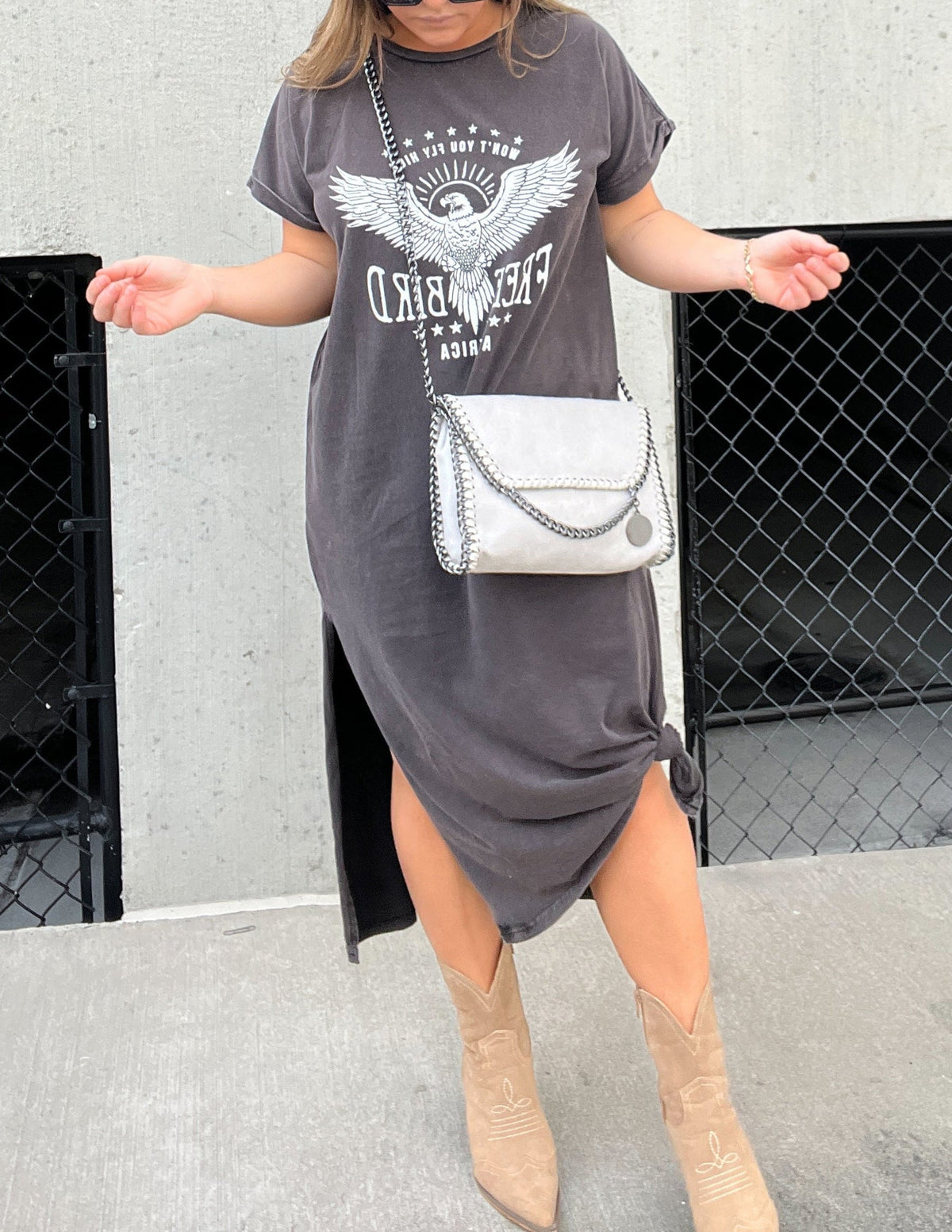 Eagle Graphic Print Short Sleeve Side Split T-Shirt Midi Dress