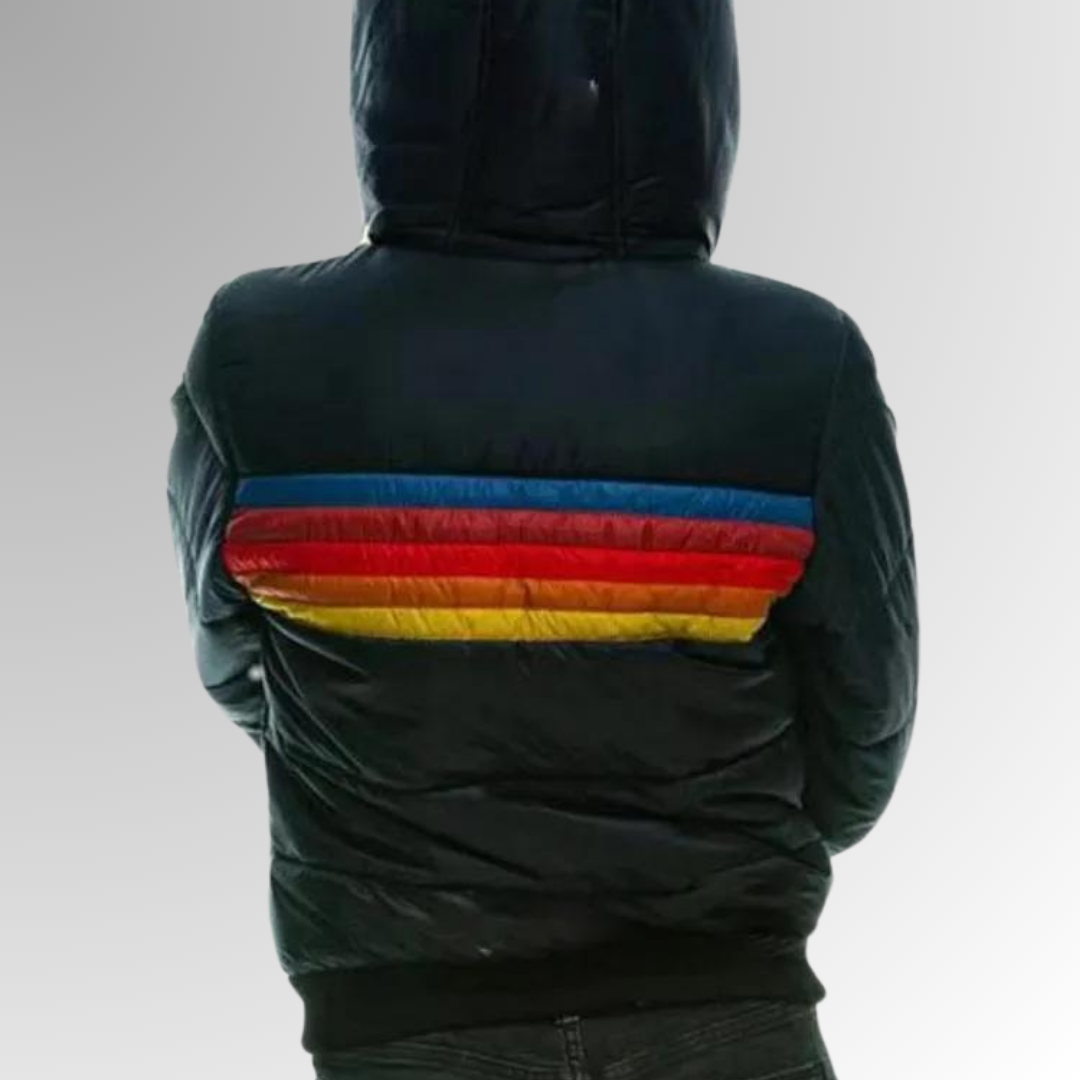 Hooded Zip Front Striped Panel Puffer Jacket