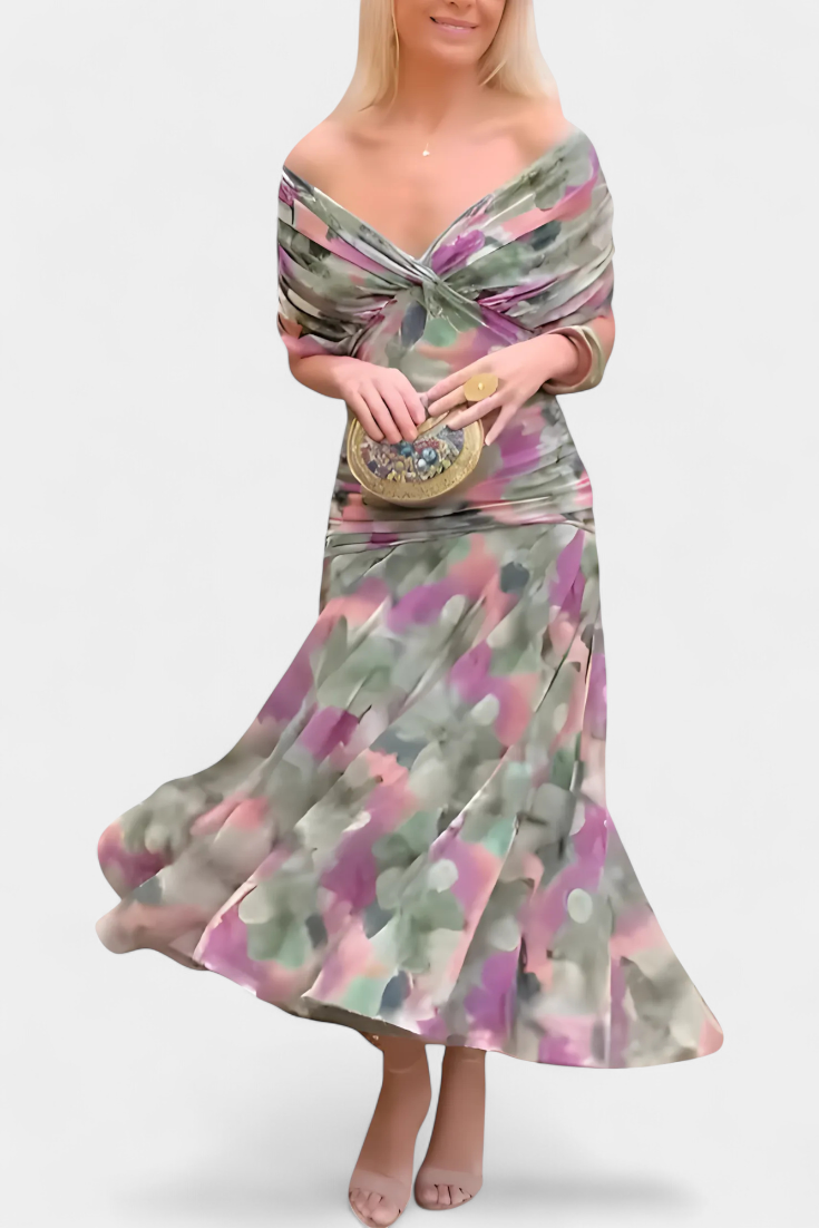 Chiffon Off Shoulder Twist Front Ruched Maxi Dress 15