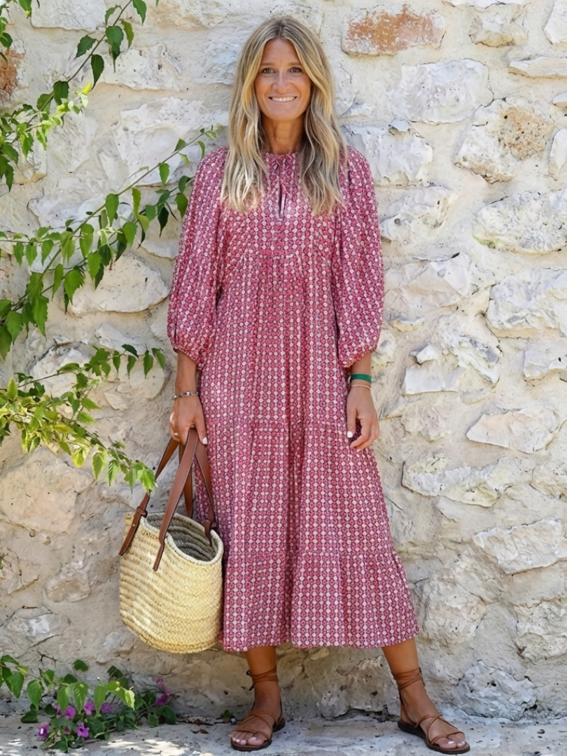 Print V-Neck Long Puff Sleeve Tiered Maxi Dress