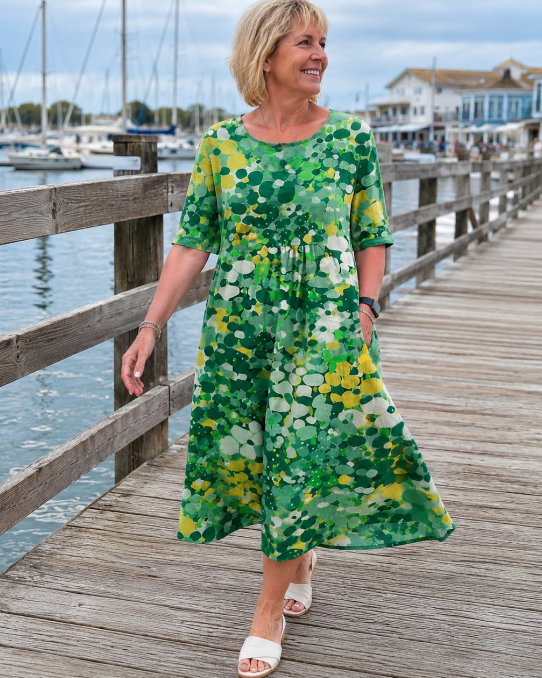 Floral Dot Print Round Neck Short Sleeve Midi Dress