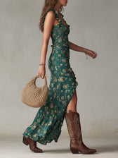Floral Smocked Ruffle Strap High Split Mermaid Maxi Dress 2