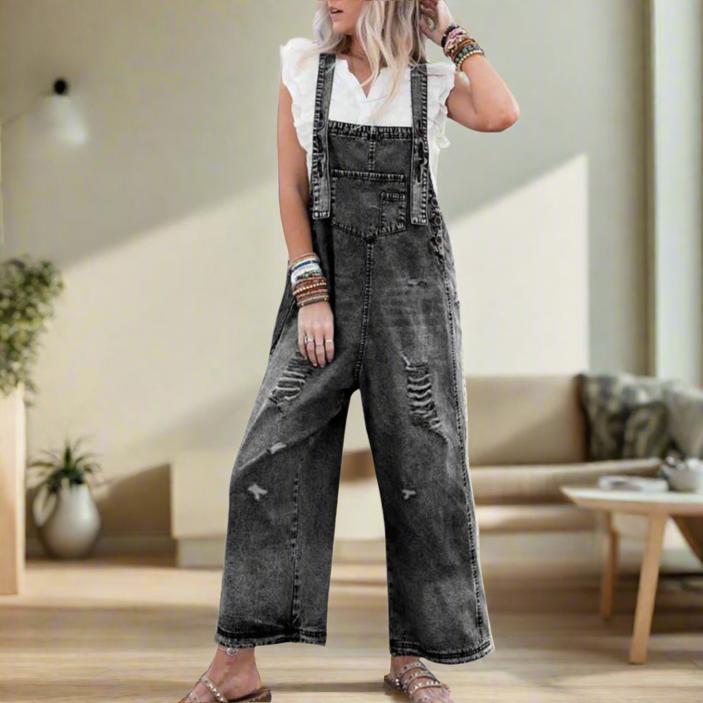Distressed Denim Wide Leg Overall Jumpsuit