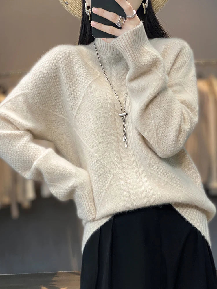 Mock Neck Long Sleeve Cable Knit Sweater