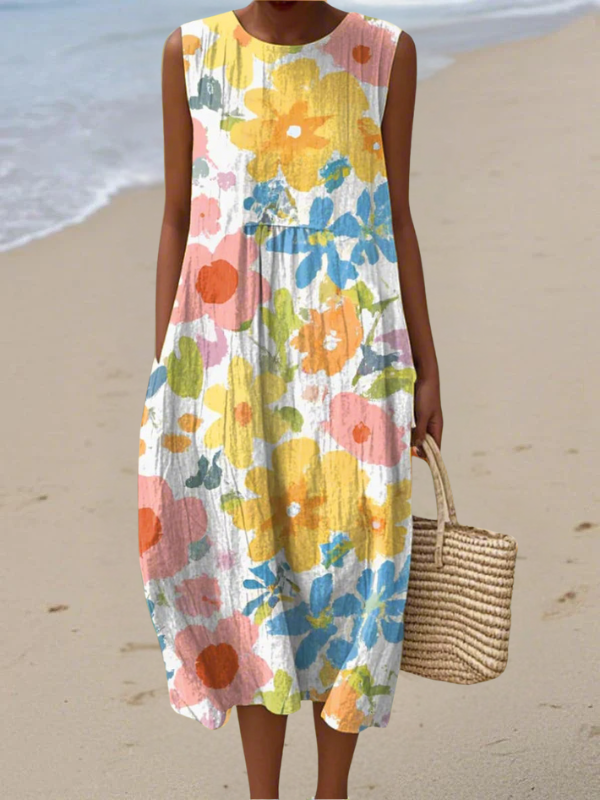 Watercolor Floral Crew Neck Sleeveless Pocket Midi Dress