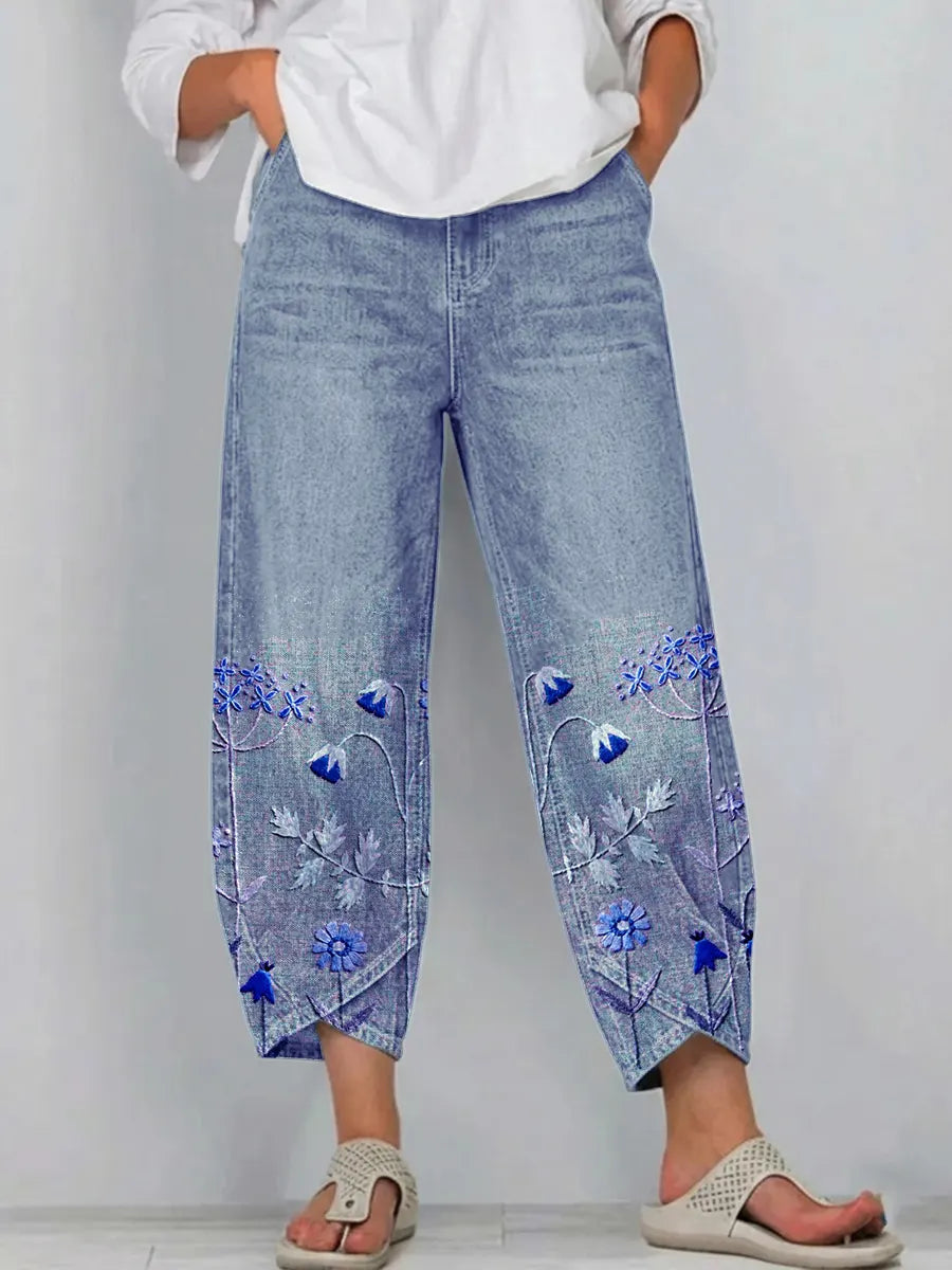 Floral Embroidered Wide Leg Cropped Denim Trousers