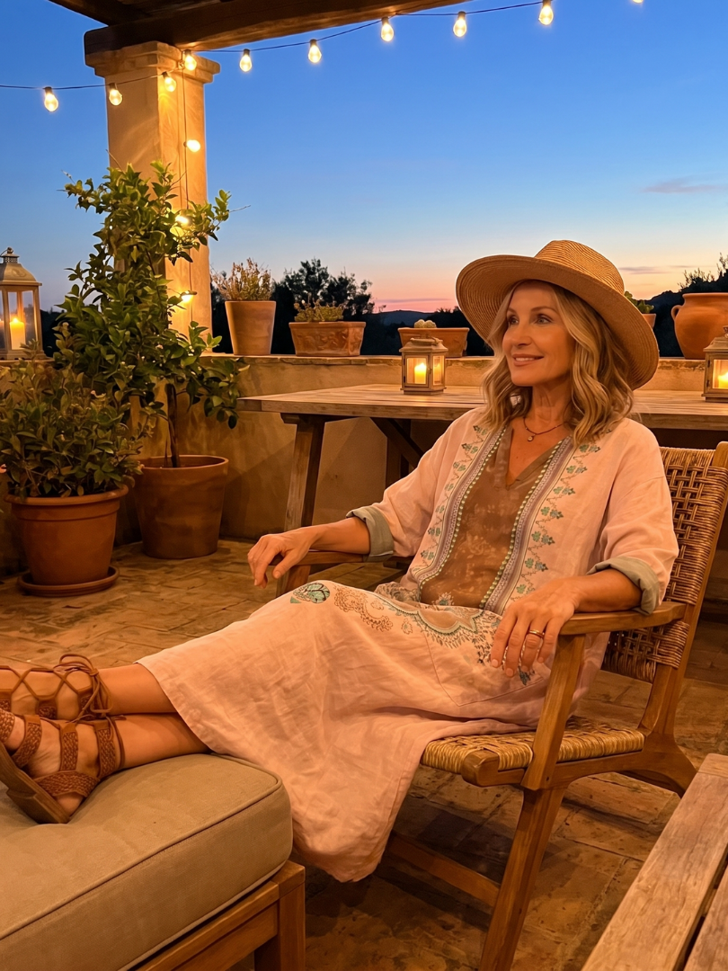 Border Print V-Neck Pocket Kaftan Maxi Dress