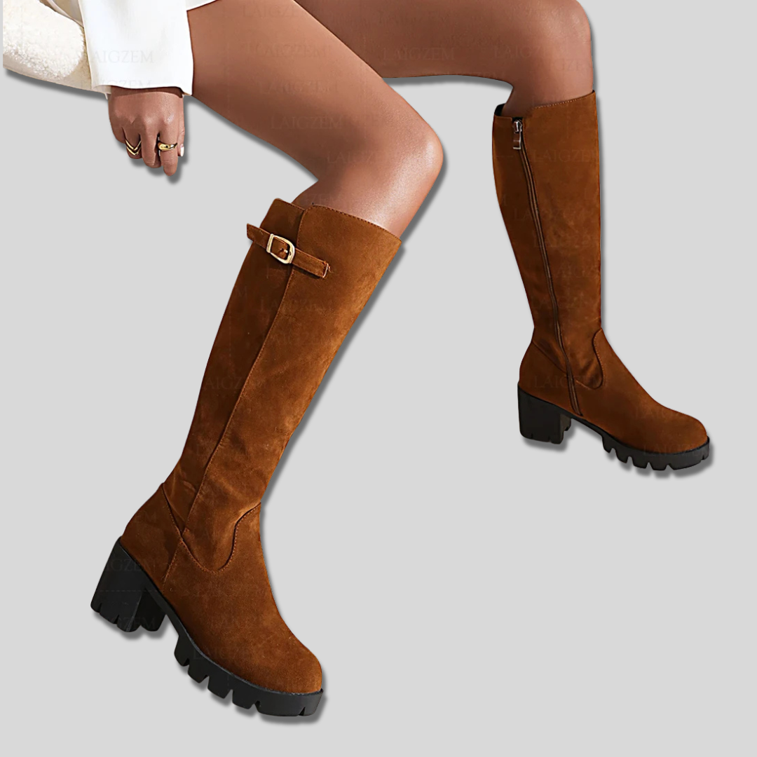 Suede Block Heel Lug Sole Knee High Boots