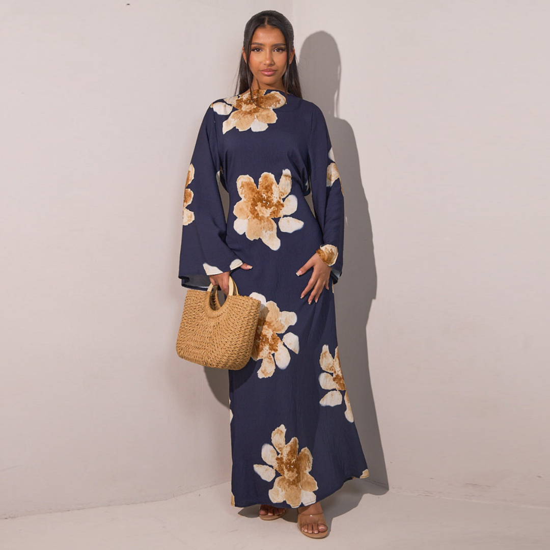 Floral Round Neck Flare Sleeve Bodycon Maxi Dress 5