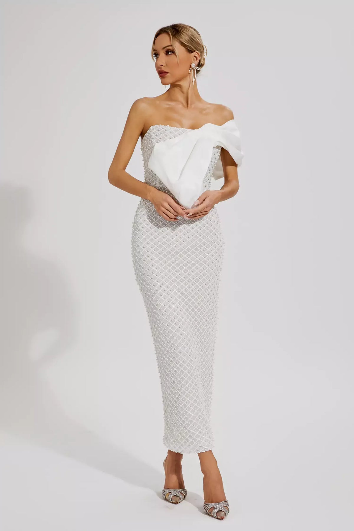 Pearl Embellished Strapless Bow Bodice Bodycon Maxi Dress 5