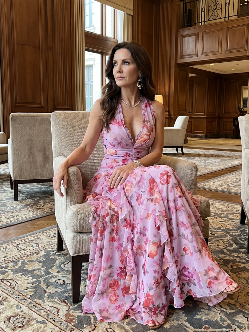 Halter Neck Deep V-Neck Ruffle Floral Maxi Dress