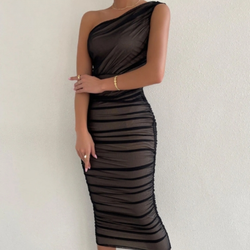 Mesh One Shoulder Ruched Bodycon Midi Dress 7