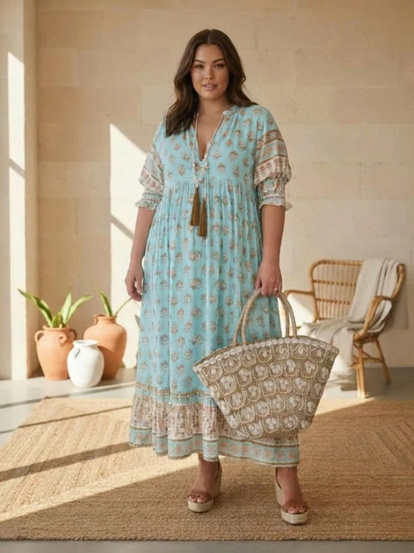 Floral Print V-Neck Bell Sleeve Tiered Boho Maxi Dress