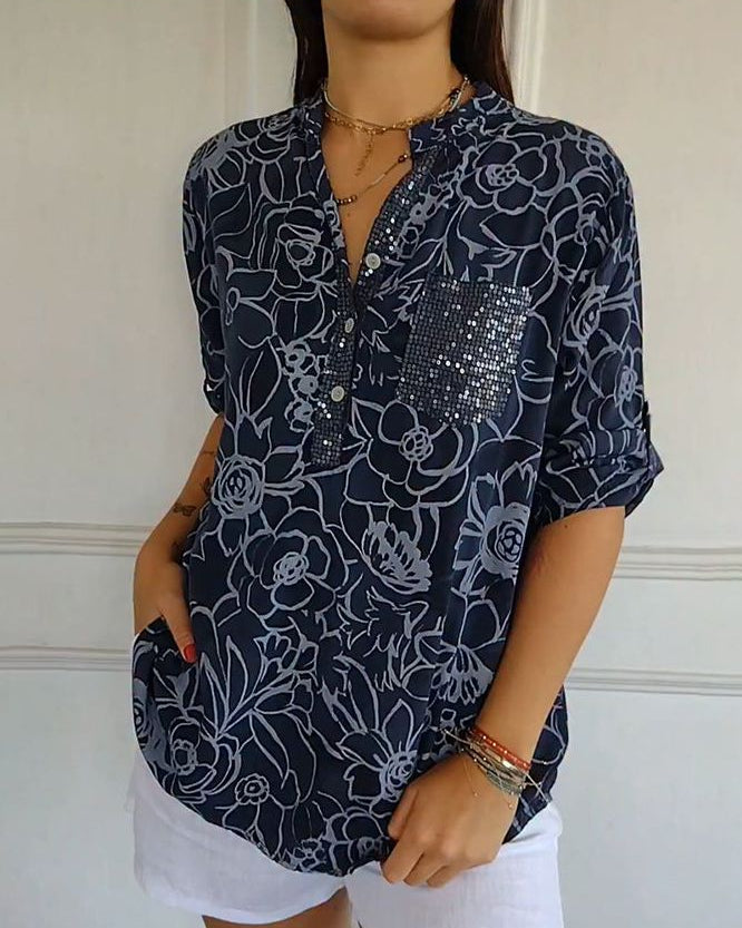 Floral Print Sequin Pocket Half Sleeve Blouse