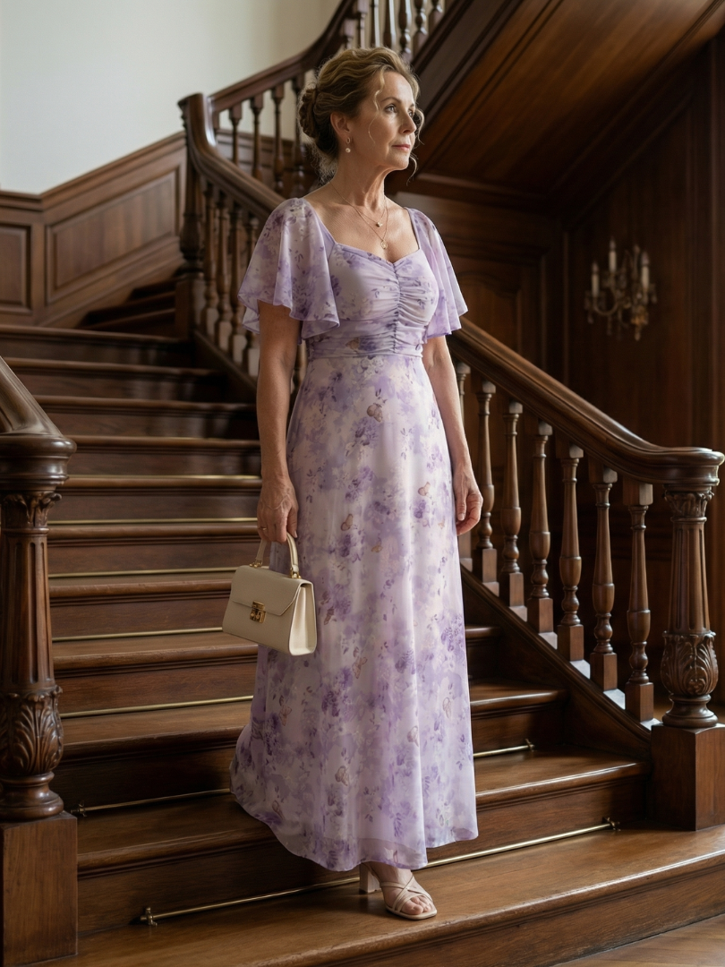 Floral Flutter Sleeve Ruched Maxi Dress