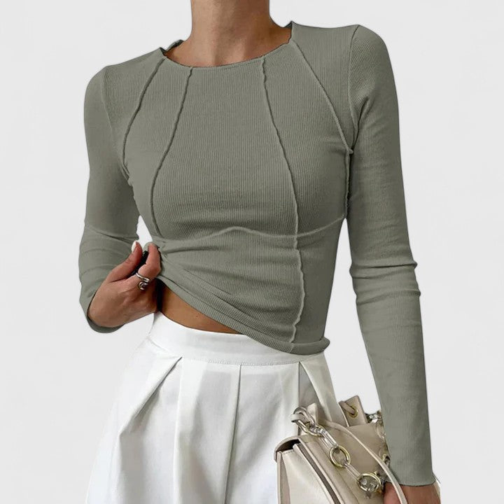 Crew Neck Long Sleeve Ribbed Seam Detail Crop Top