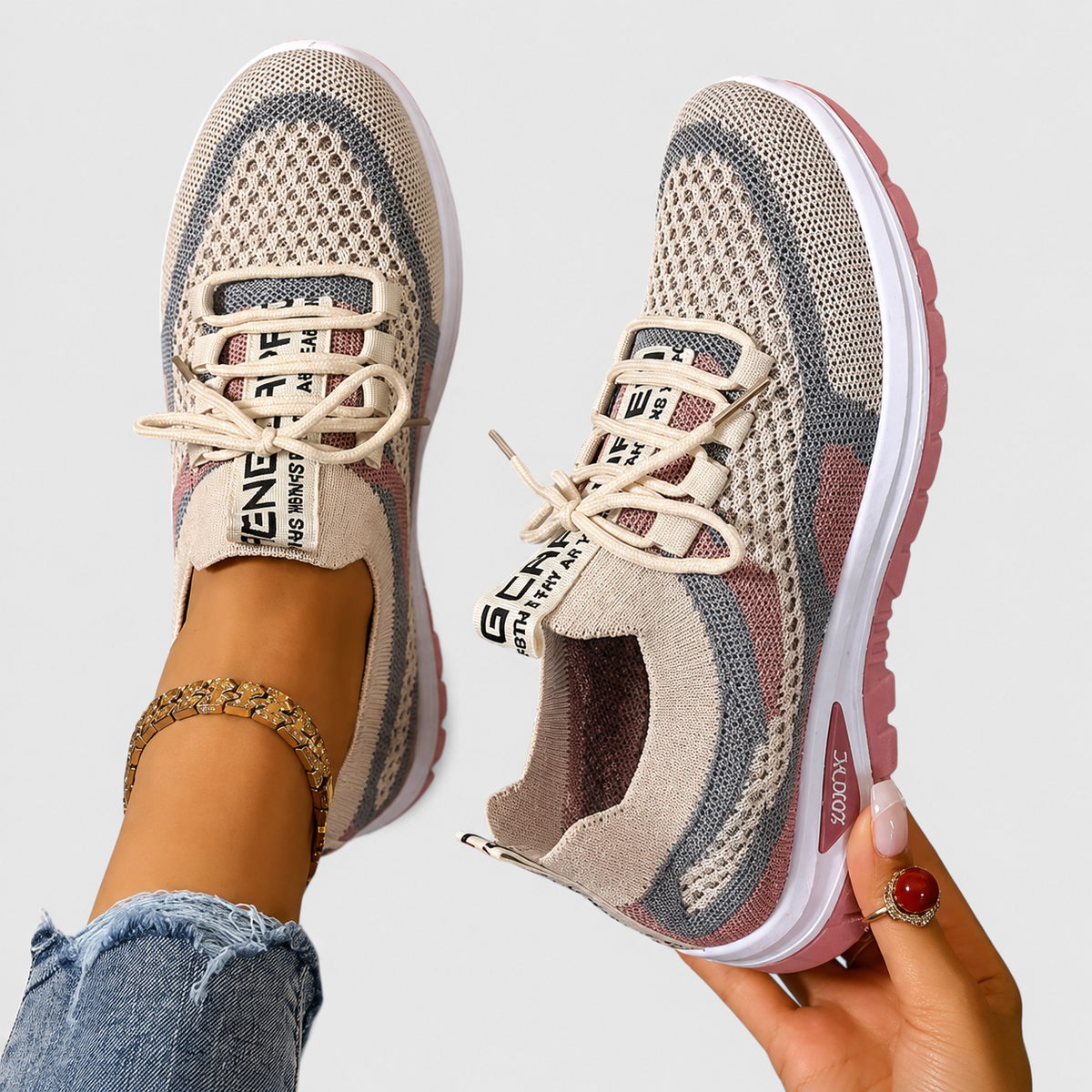 Lace Up Colorblock Knit Air Cushion Sneakers