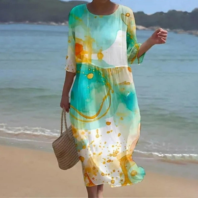 Large Floral Print Round Neck Half Sleeve Shift Midi Dress
