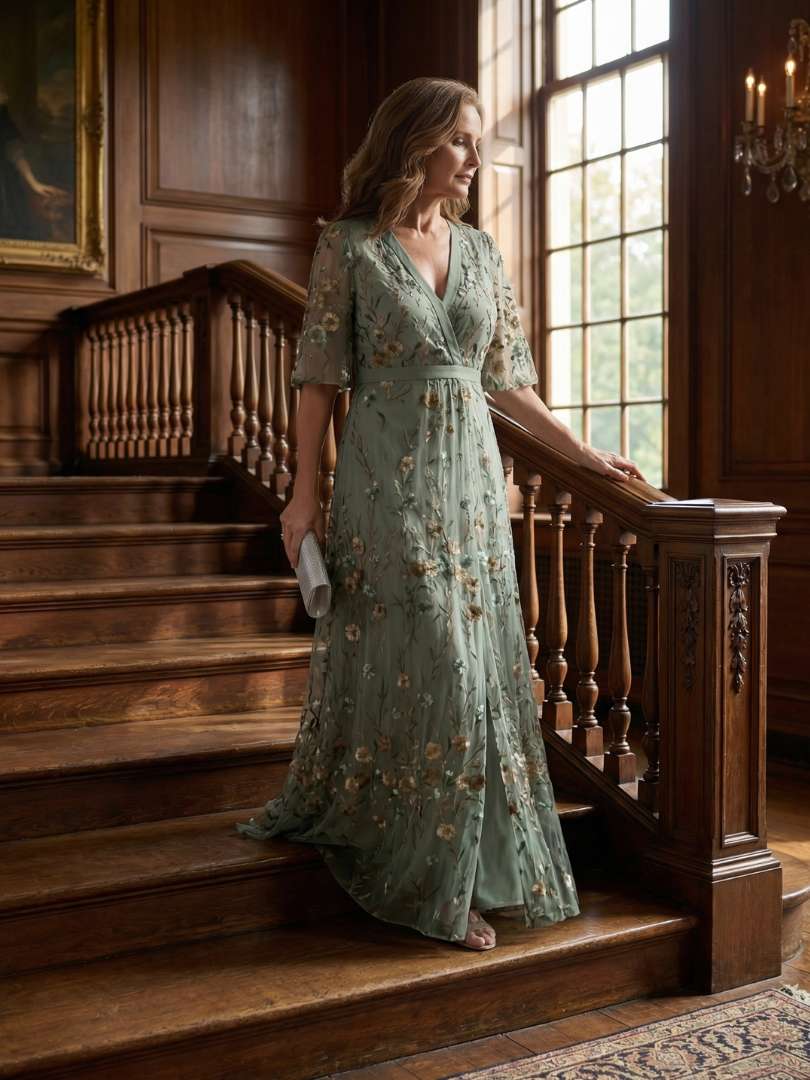 Floral V-Neck Half Sleeve Wrap Maxi Dress