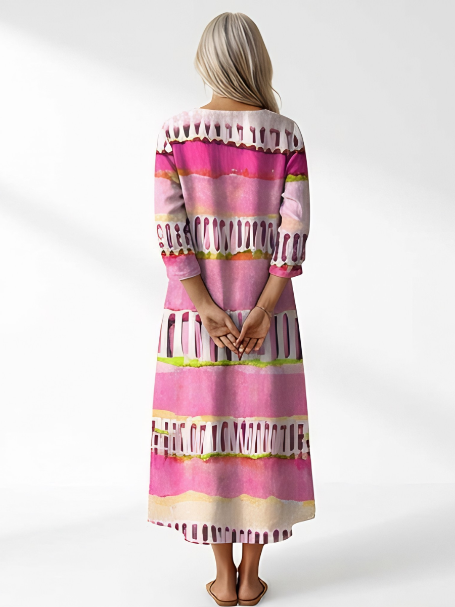 Painterly Stripe Print V-Neck Long Sleeve Tiered Midi Dress
