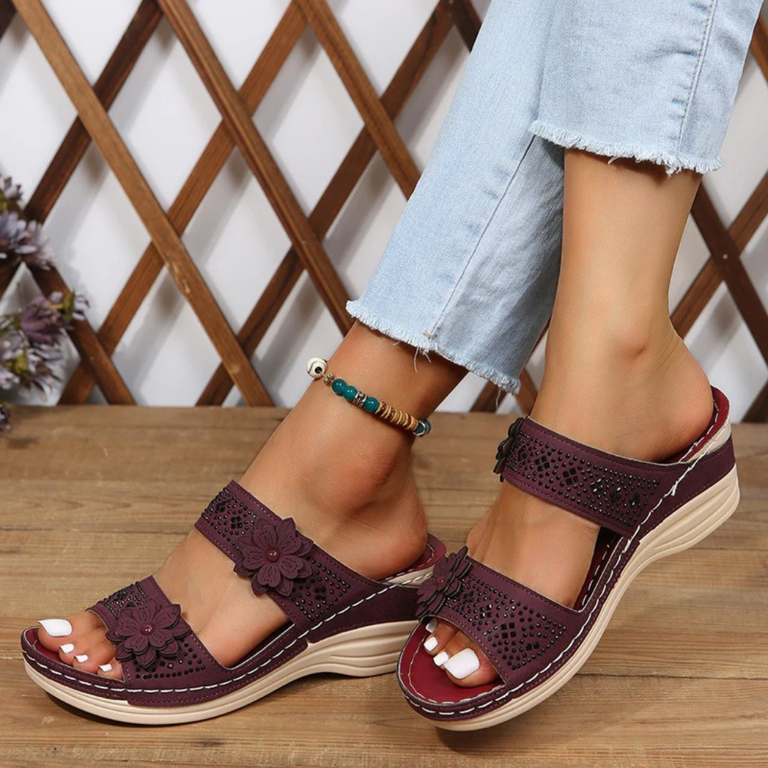 Open Toe Floral Cutout Slip On Wedge Sandals