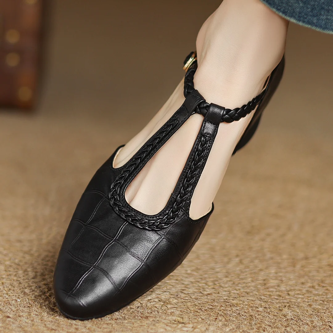 Pointed Toe Braided T-Strap Flats