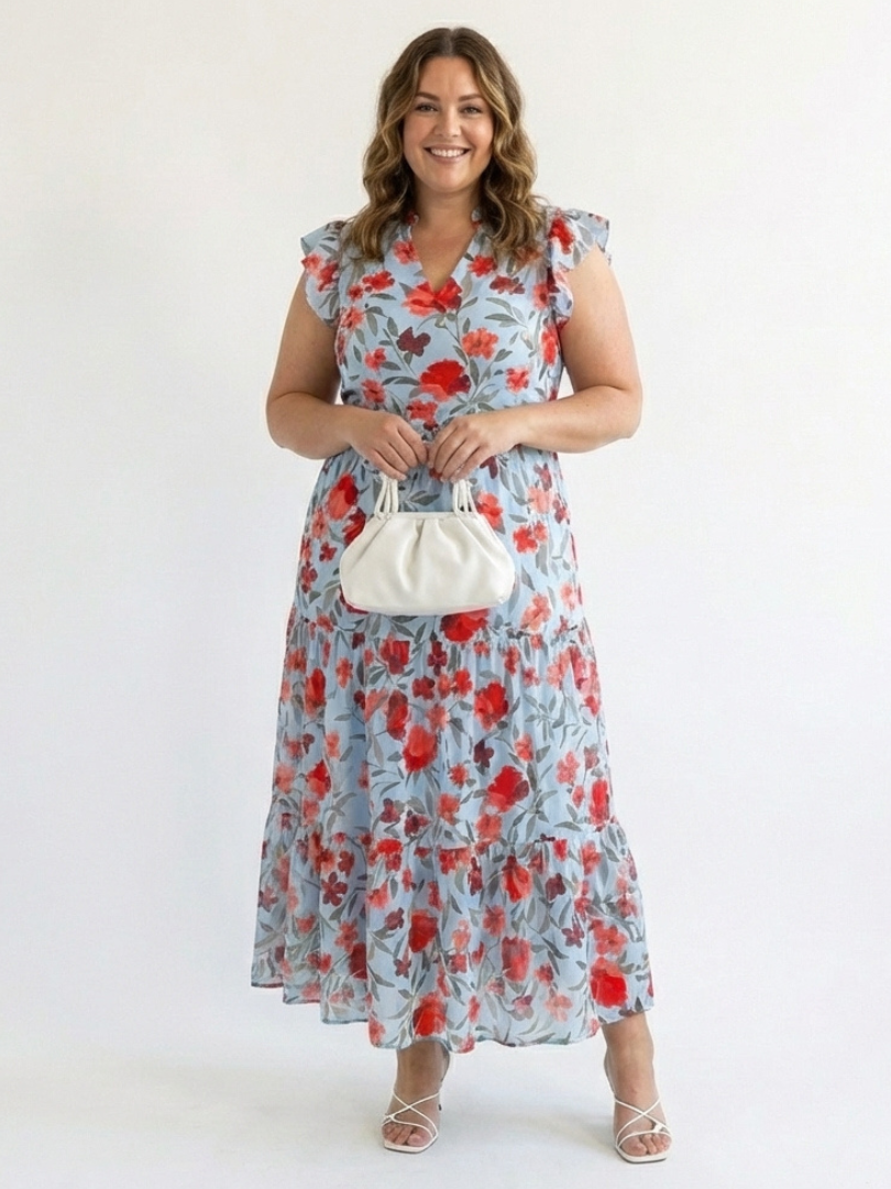 Floral Flutter Sleeve Split Neck Tiered Maxi Dress