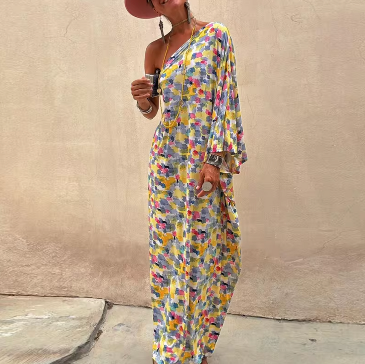 Abstract Floral Print One Shoulder Batwing Sleeve Loose Maxi Dress 2