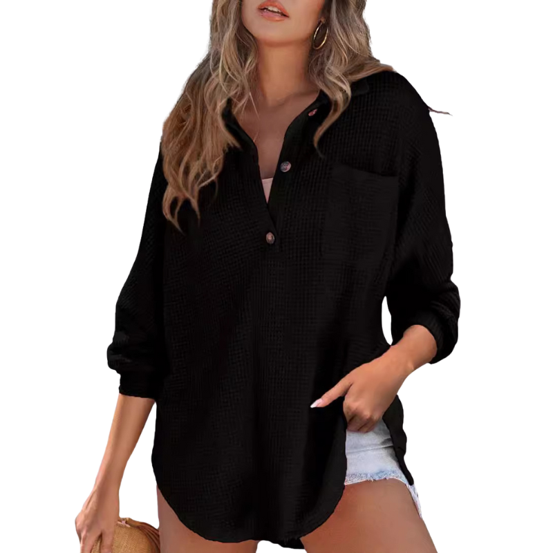Waffle Knit Collared Button Long Sleeve Top