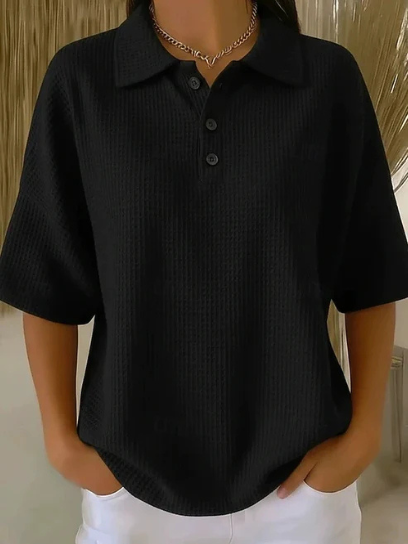 Waffle Knit Collared Short Sleeve Polo Top