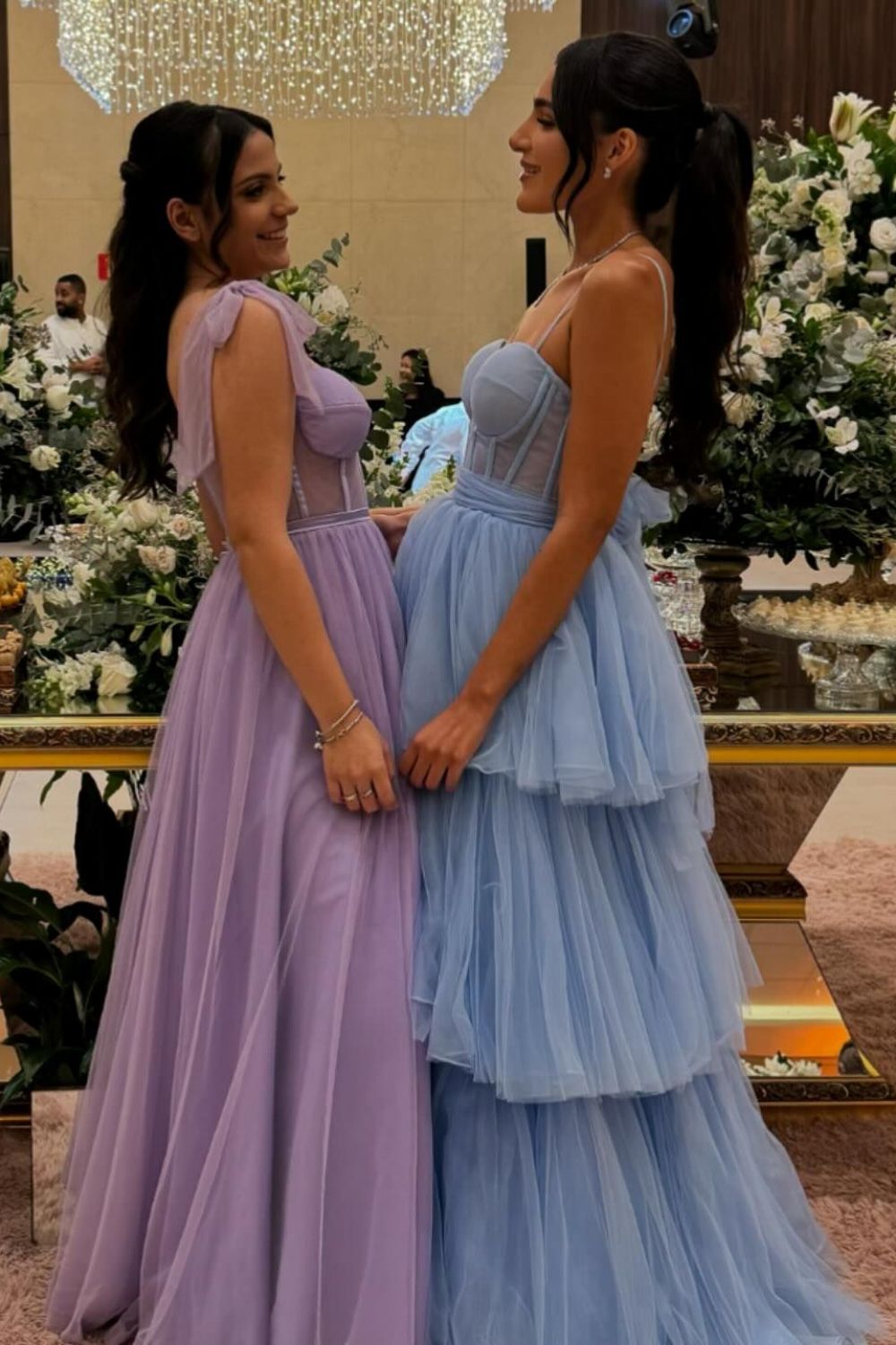 Princess A Line Spaghetti Straps Blue/Lavender Corset Prom Dress with Ruffles