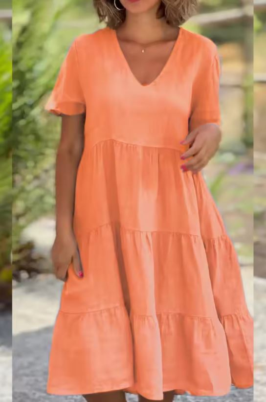 V-Neck Short Sleeve Tiered Midi Dress